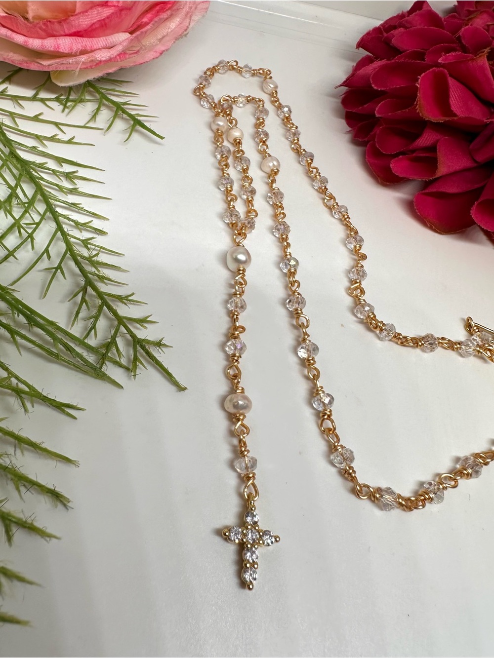 NEW ⚜️ Freshwater Pearl & Crystal Handmade Rosary Necklace - Picture 6 of 9